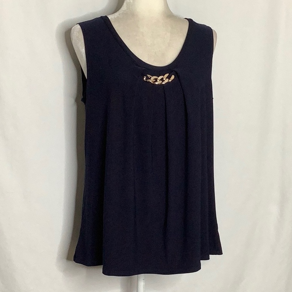Susan Lawrence Sleeveless Navy Blue Blouse With Gold Chain Detail Size XL